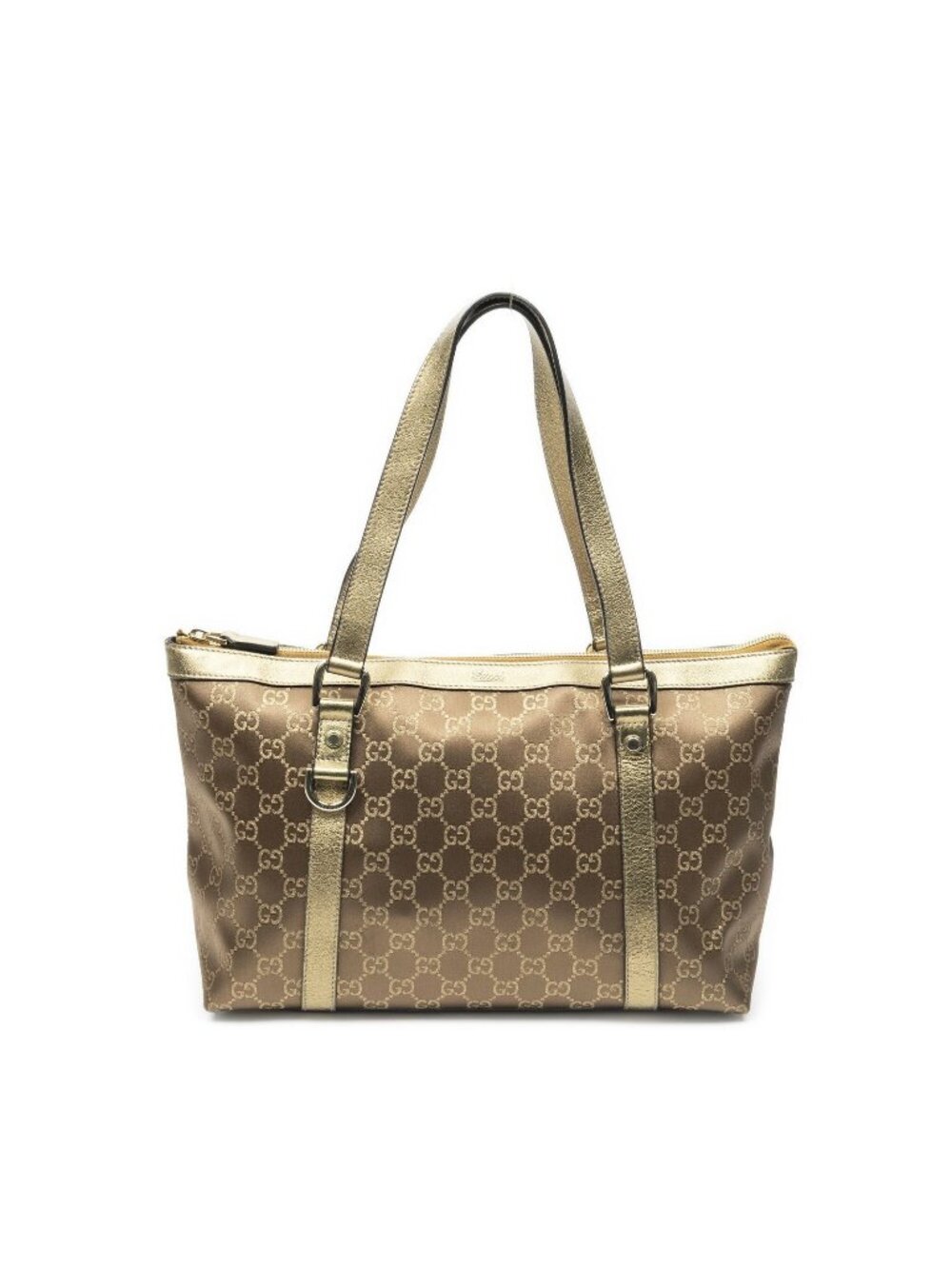 Gucci Abbey Zip Tote Bag Brown Gold GG Satin Canvas